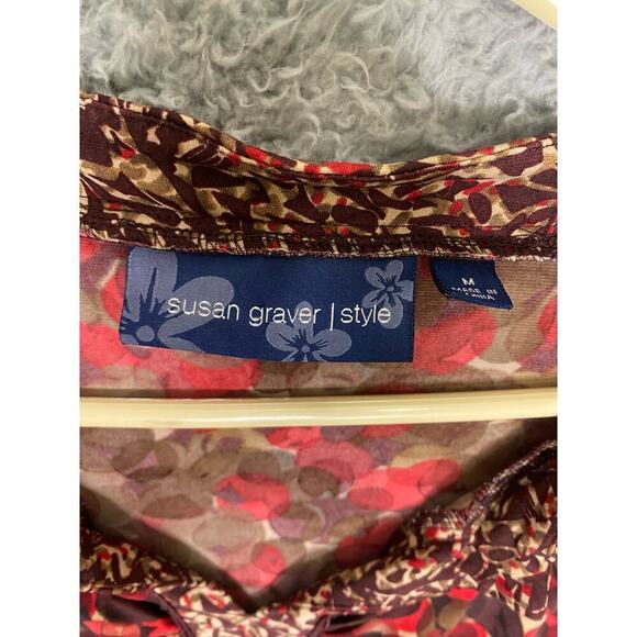 Susan Graver red quarter sleeve geometric blouse gathered career professional M - Picture 4 of 9